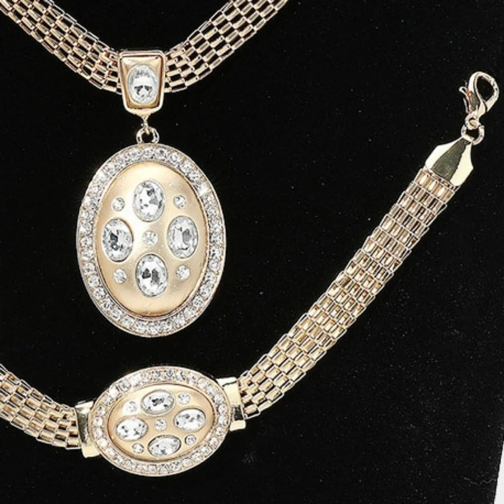 Gold 3 Piece Oval Pendant Marquise Rhinestone Trim Necklace Formal Jewelry Set